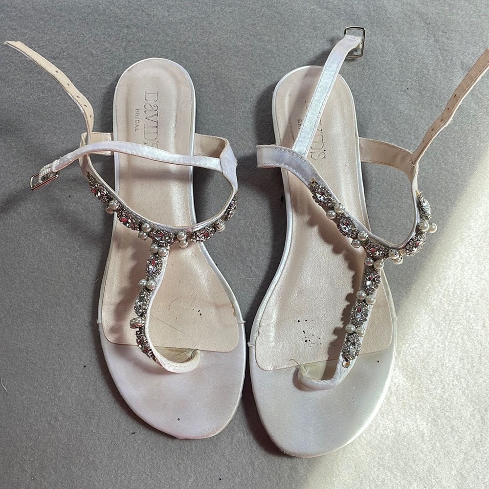 David’s Bridal sandals, crystal and pearl embellishment on strap size 6